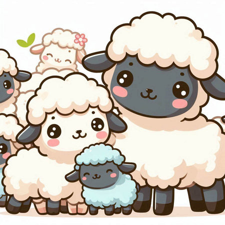 Illustration of a Cute Sheep Group on a White Background.のイラスト素材
