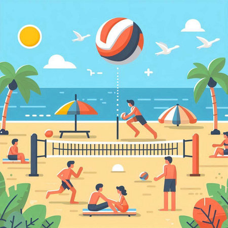 Summer beach flat vector illustration. Cartoon people playing volleyball on the beach.のイラスト素材