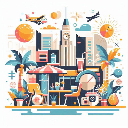 Travel and tourism concept. Vector illustration in flat style. City landscape.のイラスト素材