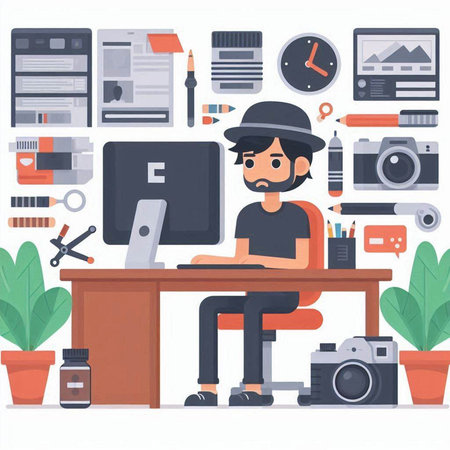 Photographer working in office. Vector illustration in flat design style.のイラスト素材