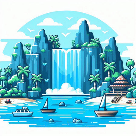 Tropical island with a waterfall and boats. Vector illustration.のイラスト素材
