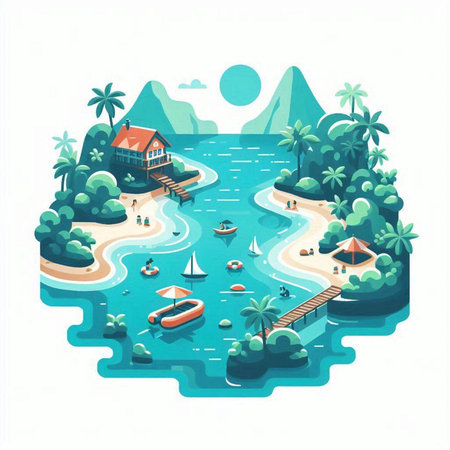 Tropical island with palm trees and boats. Vector illustration.のイラスト素材