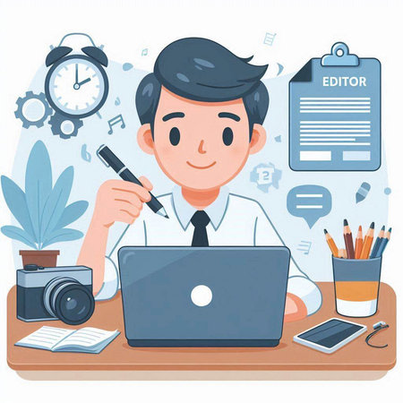 Illustration of a man working on a laptop at home. Vector illustration.のイラスト素材