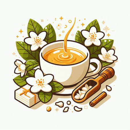Cup of tea with jasmine flowers and honey. Vector illustration.のイラスト素材