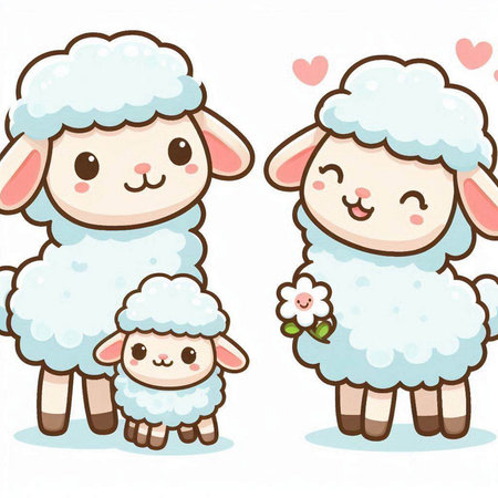 Illustration of a Cute Cartoon Sheep Family with Mother and Daughterのイラスト素材
