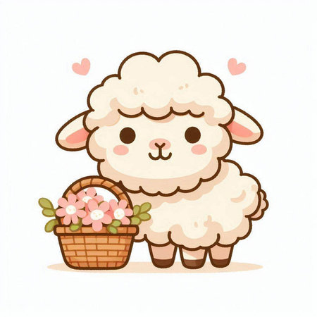 Cute sheep with basket of flowers. Vector illustration in cartoon style.のイラスト素材