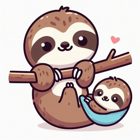 Cute cartoon sloth with a baby on a white background.のイラスト素材