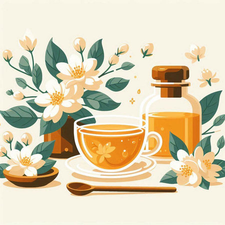 Cup of herbal tea with jasmine flowers. Vector illustration.のイラスト素材