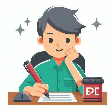 Illustration of a Man Writing on a Paper with a Pencilのイラスト素材