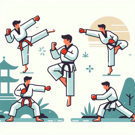 Taekwondo. Set of vector illustrations in flat style.のイラスト素材