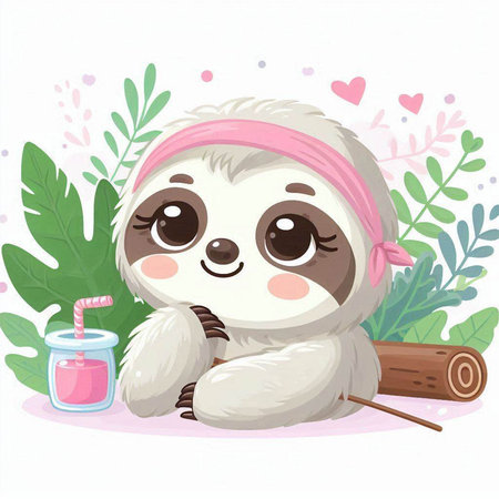 Cute cartoon sloth with a milkshake. Vector illustration.のイラスト素材