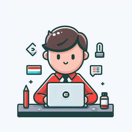 Man working on laptop. Vector illustration in a flat style. Cartoon character.のイラスト素材