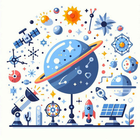 Astronomy and space exploration flat vector illustration. Science and technology concept.のイラスト素材