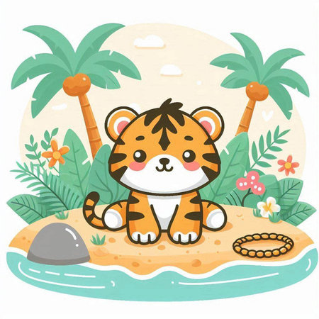 Cute tiger sitting on the beach with palm trees. Vector illustration.のイラスト素材