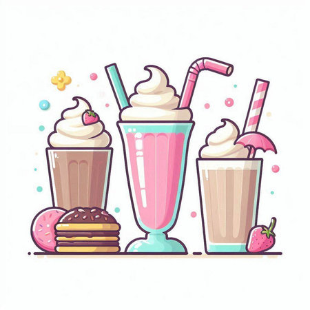 Milkshakes and cakes. Vector illustration in a flat style.のイラスト素材