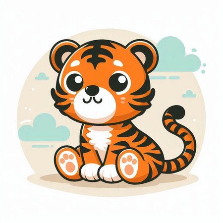 Cute cartoon tiger sitting on the ground. Vector illustration in a flat style.のイラスト素材
