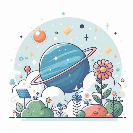 Vector illustration of solar panels, planets and flowers in cartoon style.のイラスト素材
