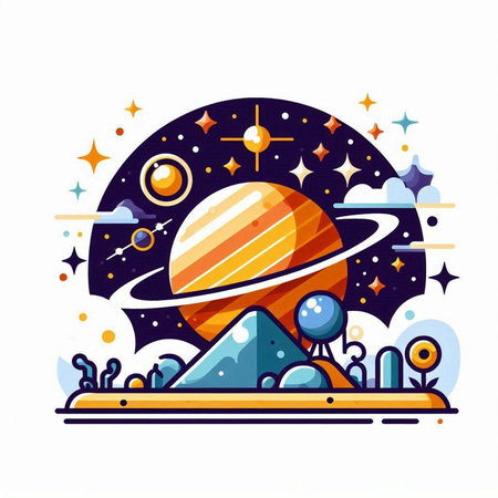 Planets in space. Vector illustration in flat linear style. Space exploration concept.のイラスト素材