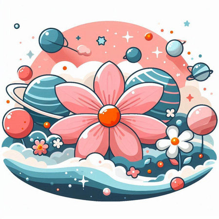 Illustration of Cute Flowers in the Sea with Clouds and Starsのイラスト素材