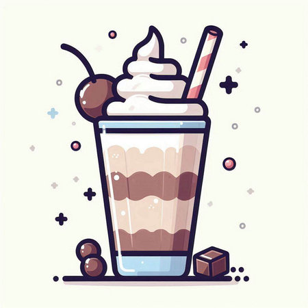 Coffee milkshake with whipped cream and cherry. Vector illustration.のイラスト素材
