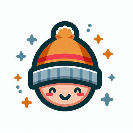 Cute cartoon smiling boy in winter hat and scarf. Vector illustration.のイラスト素材