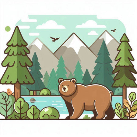 Bear in the forest on the background of mountains. Vector illustration.のイラスト素材