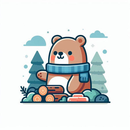 Cute cartoon bear with a scarf in the forest. Vector illustrationのイラスト素材
