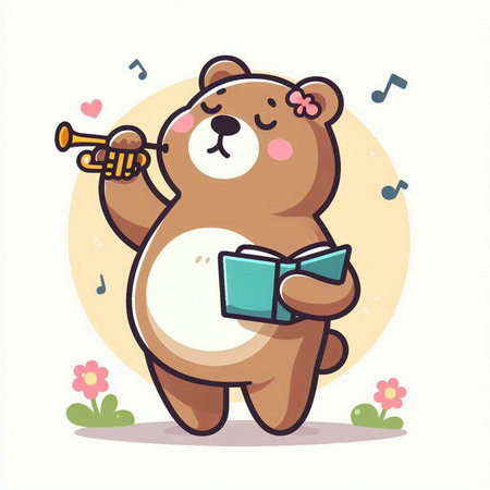 Cute bear holding a trumpet and a book. Vector illustration.のイラスト素材