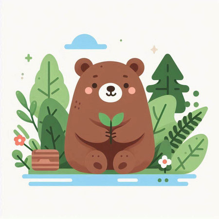 Cute bear with a leaf in the forest. Vector illustration.のイラスト素材