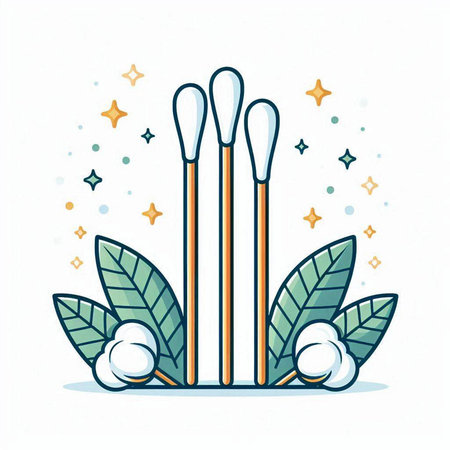 Cotton swabs with leaves and stars. Vector illustration in cartoon style.のイラスト素材
