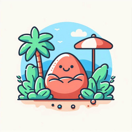 Cute cartoon stone character with palm tree and umbrella. Vector illustrationのイラスト素材