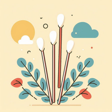 Cotton swabs and leaves. Vector illustration in flat style.のイラスト素材