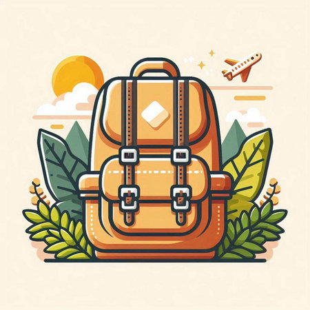 Traveler backpack and airplane on the background of nature. Vector illustrationのイラスト素材