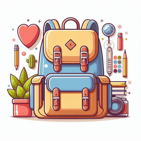 Backpack and school supplies. Back to school. Vector illustration.のイラスト素材