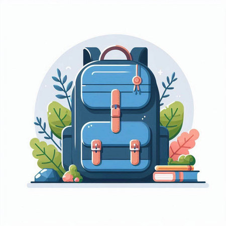 Vector illustration of a blue backpack, books and plants on a white background.のイラスト素材