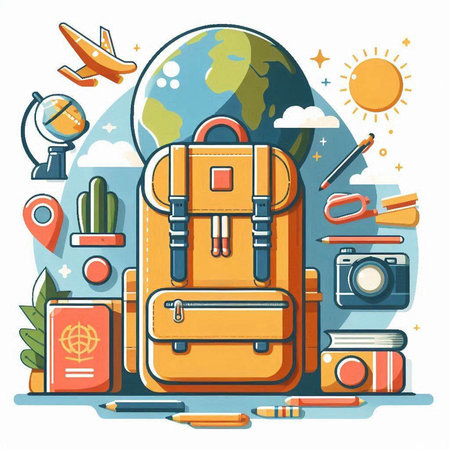 Vector illustration of set of travel items in flat style. Backpack, camera, map, globe, passport, compass, pencils, camera and other items.のイラスト素材