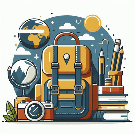 Vector illustration of a backpack, camera, map, books, pencils.のイラスト素材