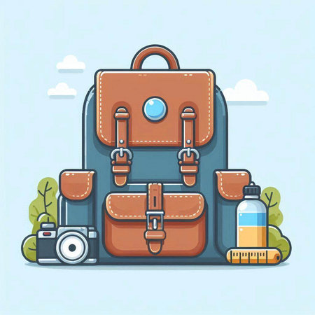 Vector illustration of backpack, camera and bottle of water in flat styleのイラスト素材