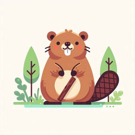 Cute beaver with a stick in the forest. Vector illustration.のイラスト素材
