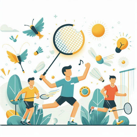 Badminton sport flat vector illustration. Man playing badminton.のイラスト素材