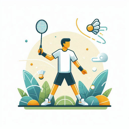 Tennis player with racket and shuttlecock. Flat vector illustration.のイラスト素材
