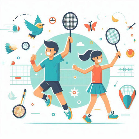 Tennis sport vector illustration. Man and woman playing badminton together.のイラスト素材