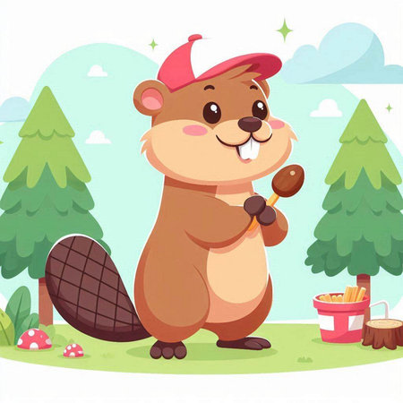 Beaver in the forest. Cute cartoon character. Vector illustrationのイラスト素材