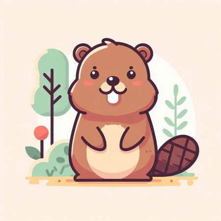 Cute beaver sitting on the ground. Vector illustration in cartoon style.のイラスト素材