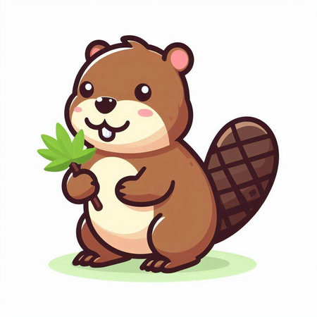Cute beaver holding a leaf. Vector illustration isolated on white background.のイラスト素材