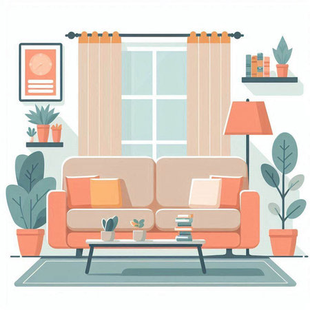 Living room interior with sofa, bookshelf and plants. Flat style vector illustration.のイラスト素材