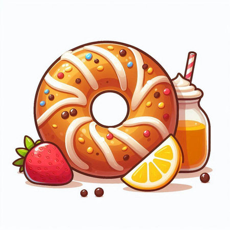 Donut with strawberry and orange juice on white background. Vector illustration.のイラスト素材