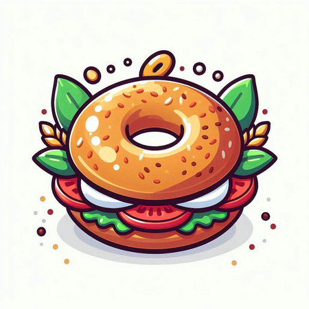 Cartoon donut with cream cheese and tomato. Vector illustration.のイラスト素材