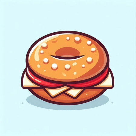 Illustration of a donut with a cheese and tomato on a blue backgroundのイラスト素材