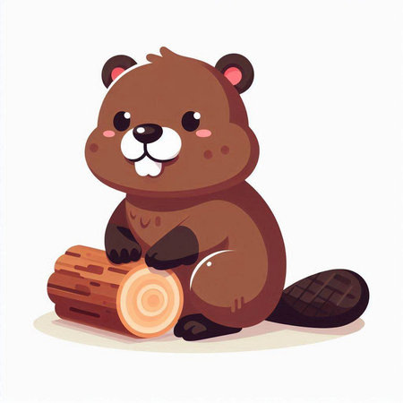 Cute cartoon beaver sitting on a log. Vector illustration.のイラスト素材